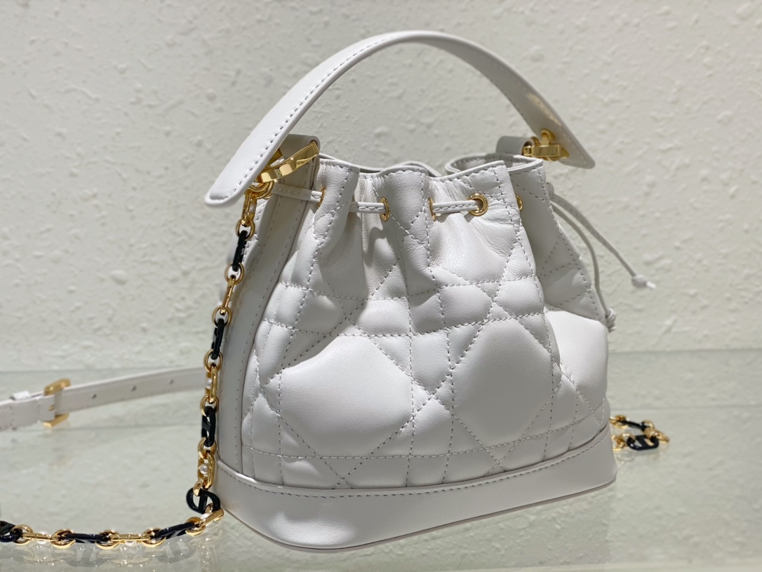 Small Dior Jolie Bucket Bag White Macrocannage Lambskin and Calfskin